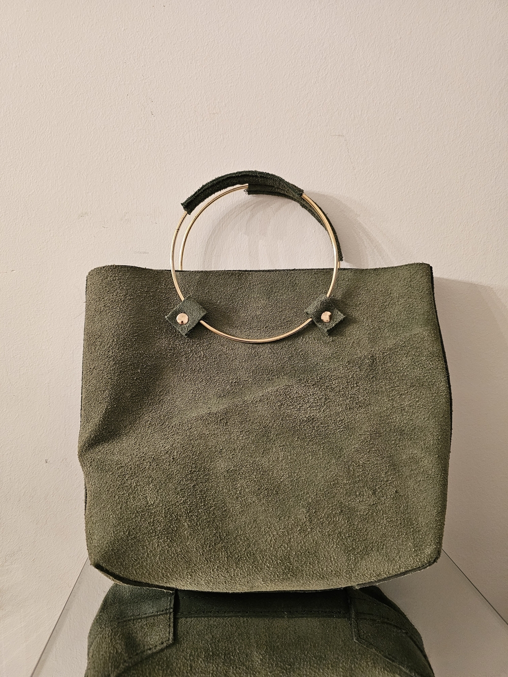 tribe alive Olive Green Suede Tote with Gold Ring Handles